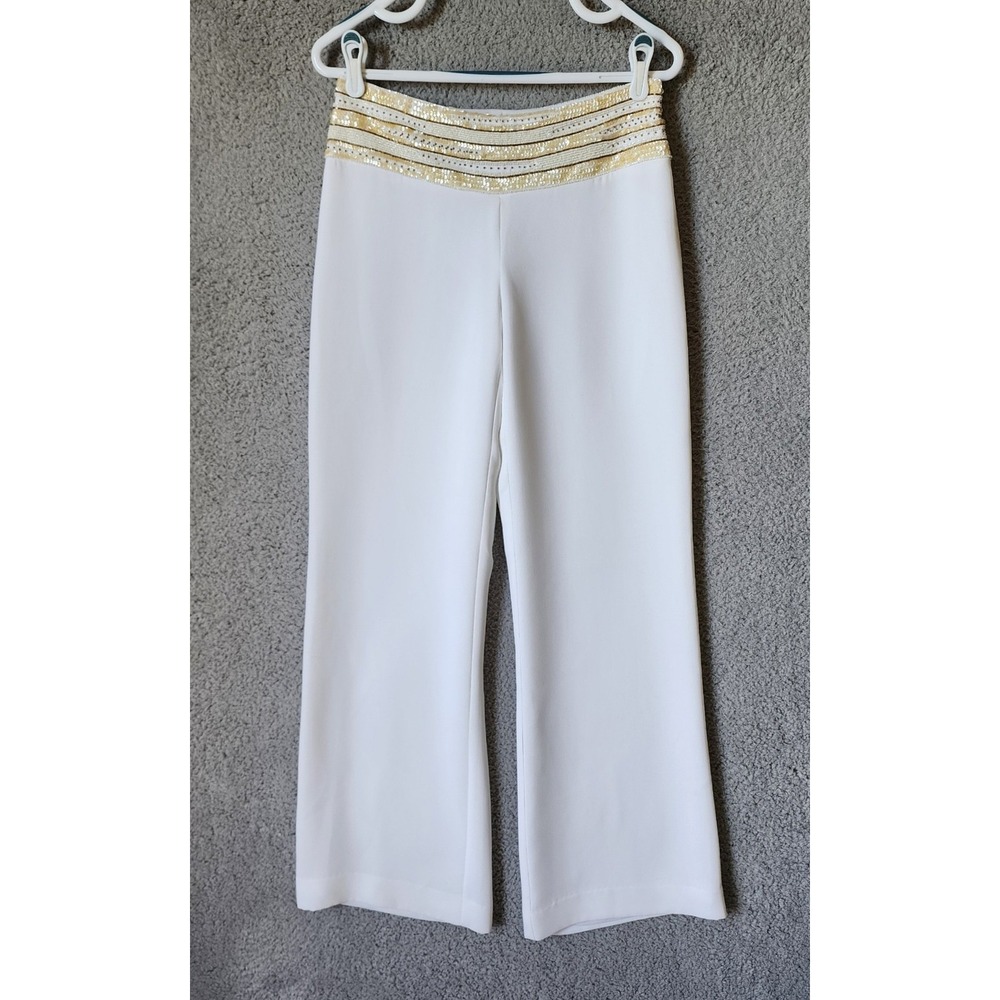 Vtg Y2K‎ Cache Wide Leg Trousers Women 4 White Gold Sequin Beaded Waistband